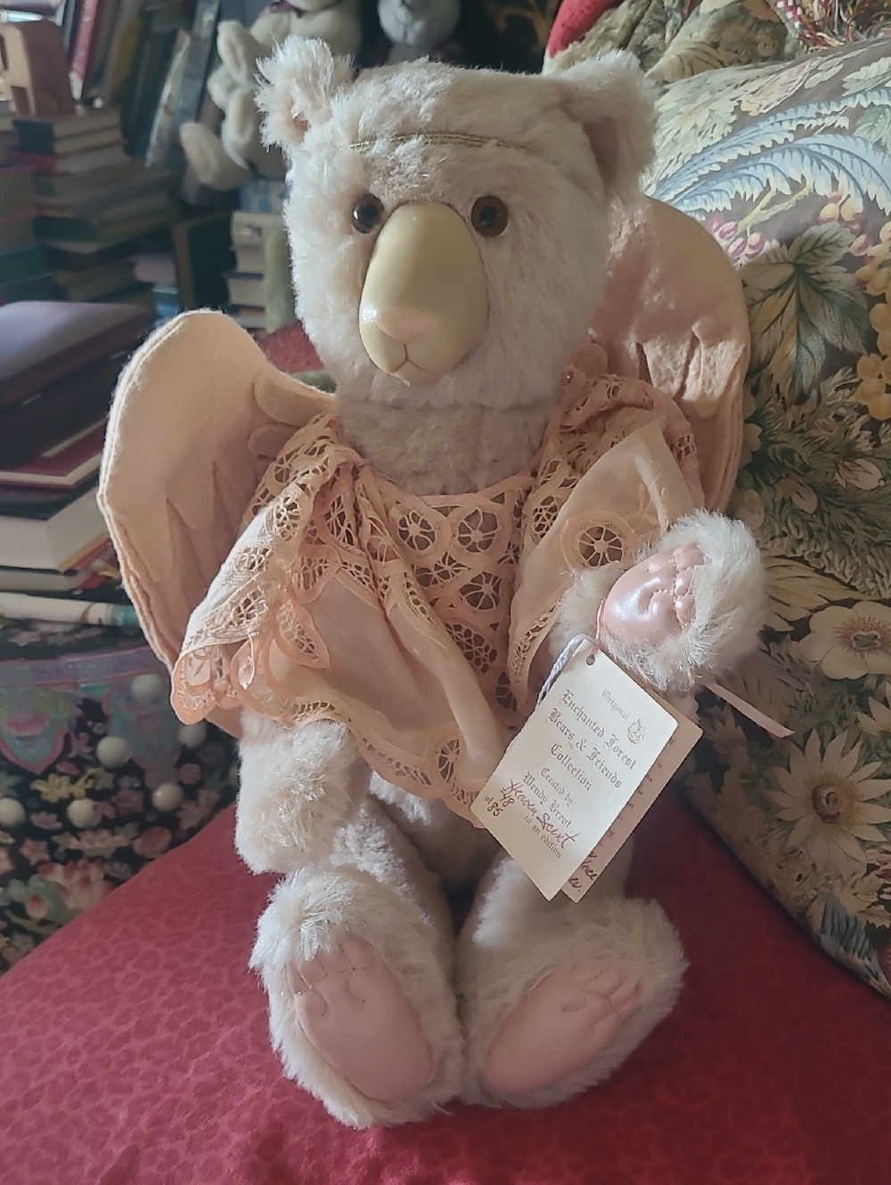 Plush Angel Bear  By Wendy Brent with Lace Dress - Soft Pink & Cream